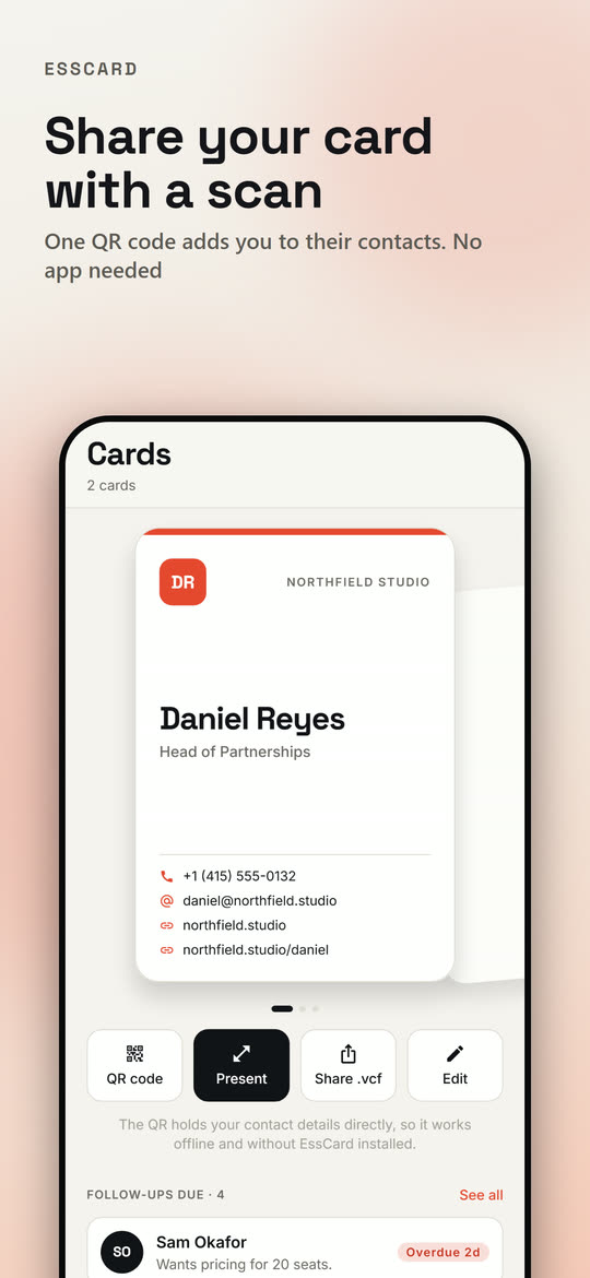 EssCard business card with QR, share and edit actions