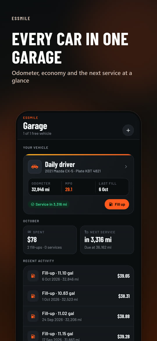 EssMile garage with odometer, MPG and next service