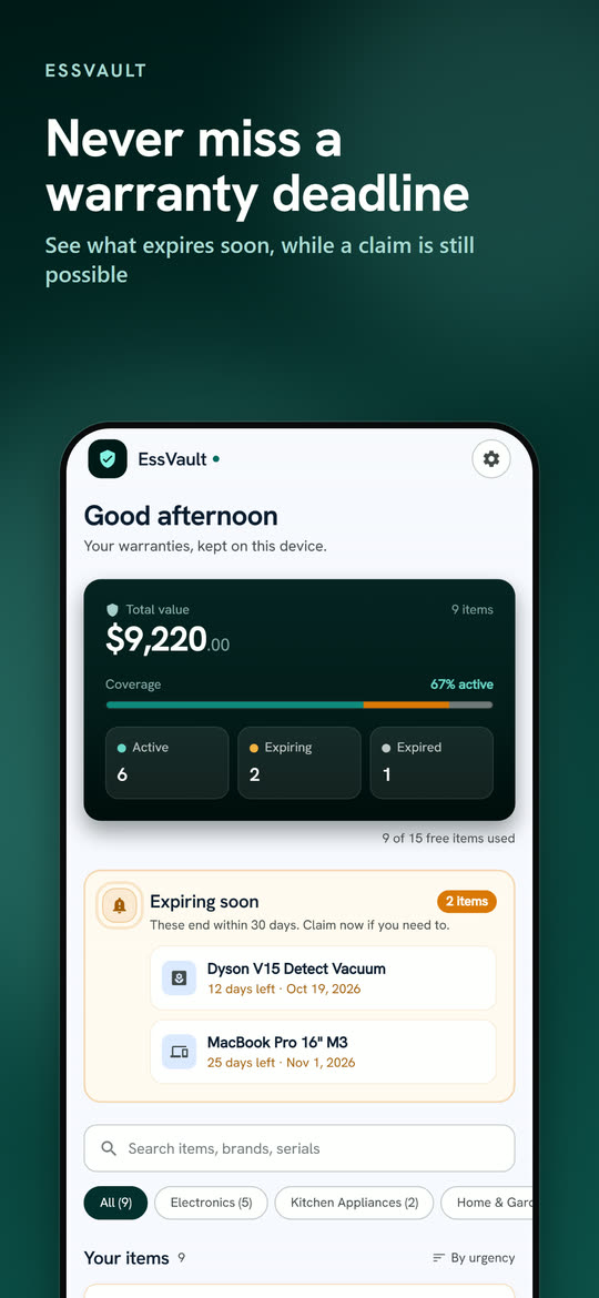 EssVault dashboard showing total value, coverage and warranties expiring soon