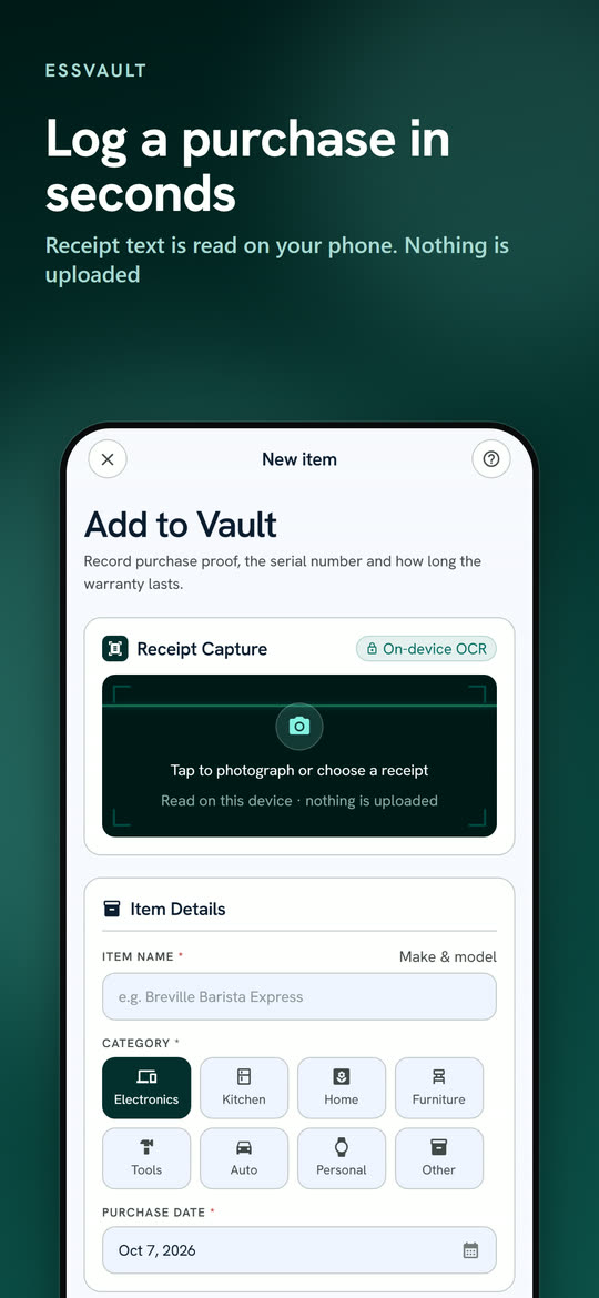 Add an item with a receipt photo, purchase date and warranty length